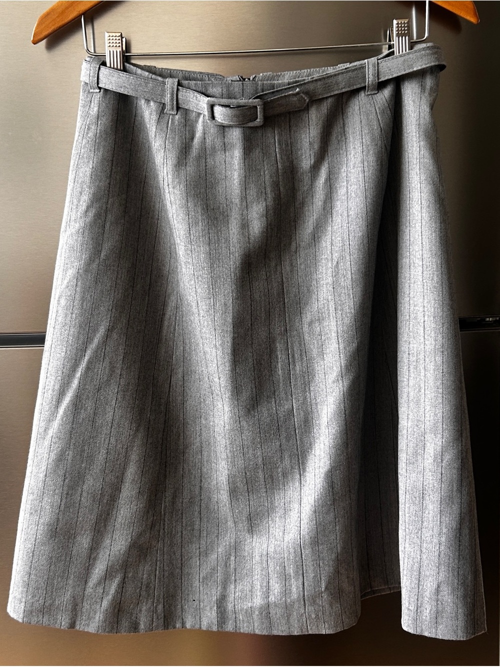 Harvé Benard Gray Pinstripe Wool Midi Skirt Belted A-Line Size 8 Made in Romania